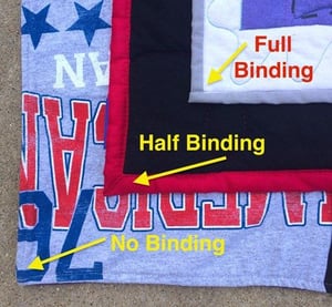 3 types of binding used on T-shirt quilts - from the front.