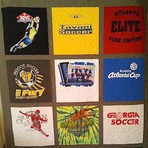 This is a traditional style T-shirt quilt. The blocks don't fit the graphics on the shirts. 