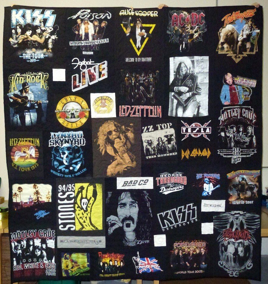 A band concert T-shirt quilt. This quilt has T-shirts from Led-Zeppelin, Alice Cooper and Kiss.