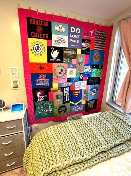 Too Cool T-shirt Quilt Hanging in the dorm room