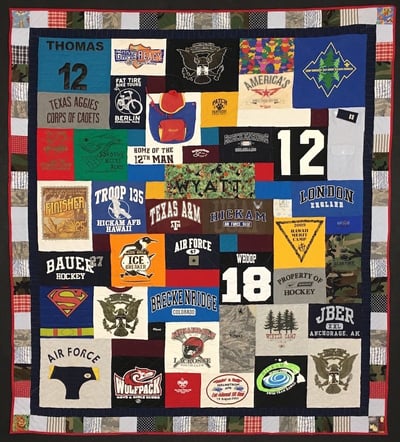 Hybrid memorial quilt make from clothing and T-shirts